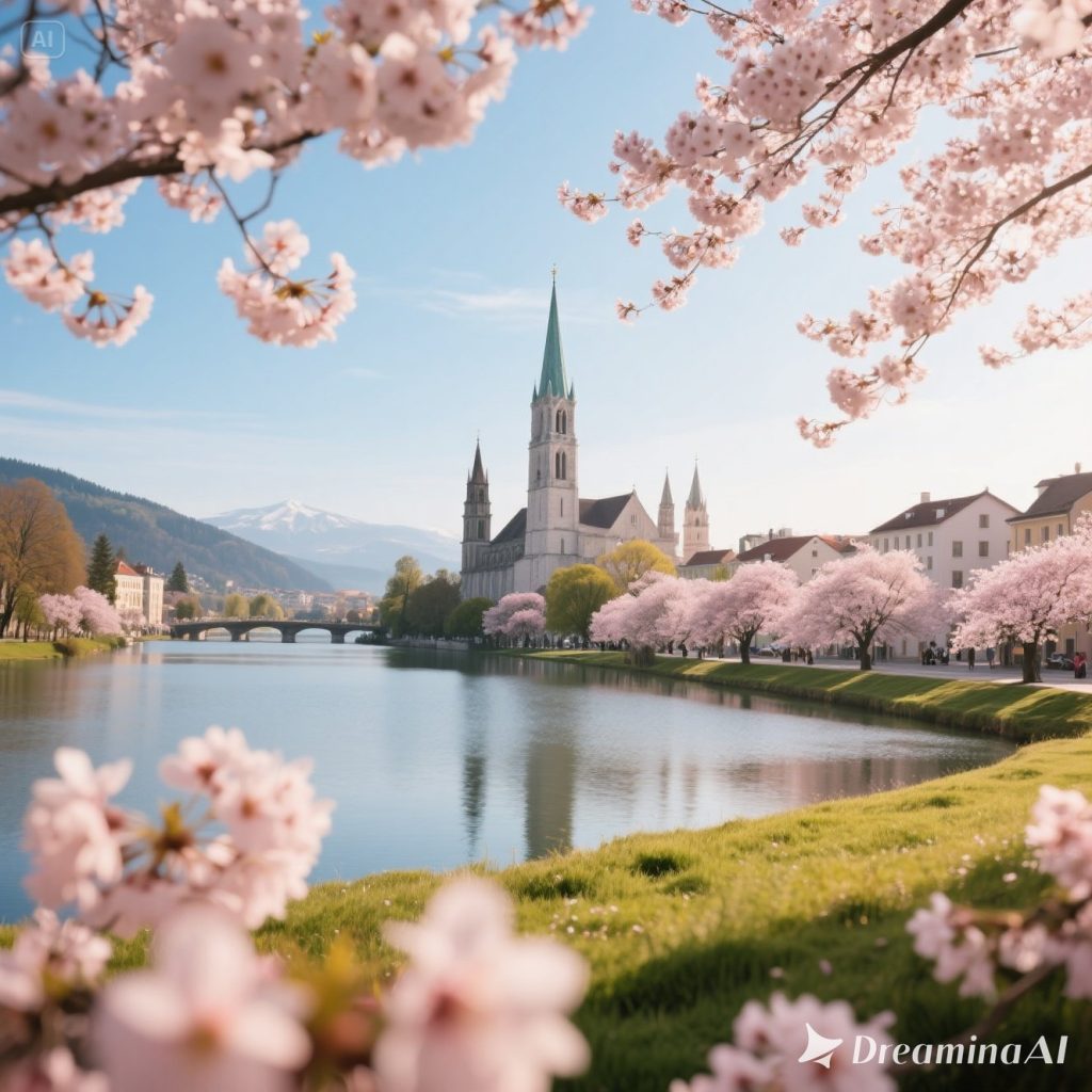 Ilustrasi digital flat-style menampilkan peta Eropa dengan landmark ikonik musim semi: kincir angin Belanda dikelilingi tulip, Menara Eiffel di Paris dengan bunga bermekaran, dan rumah kubah biru Santorini di Yunani.