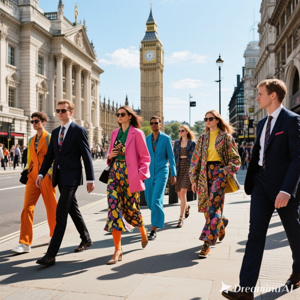 Flat-style digital illustration menampilkan empat orang dengan outfit street style khas London: trench coat, plaid coat, oversized sweater, dan boots, berjalan di jalanan London dengan latar Big Ben.