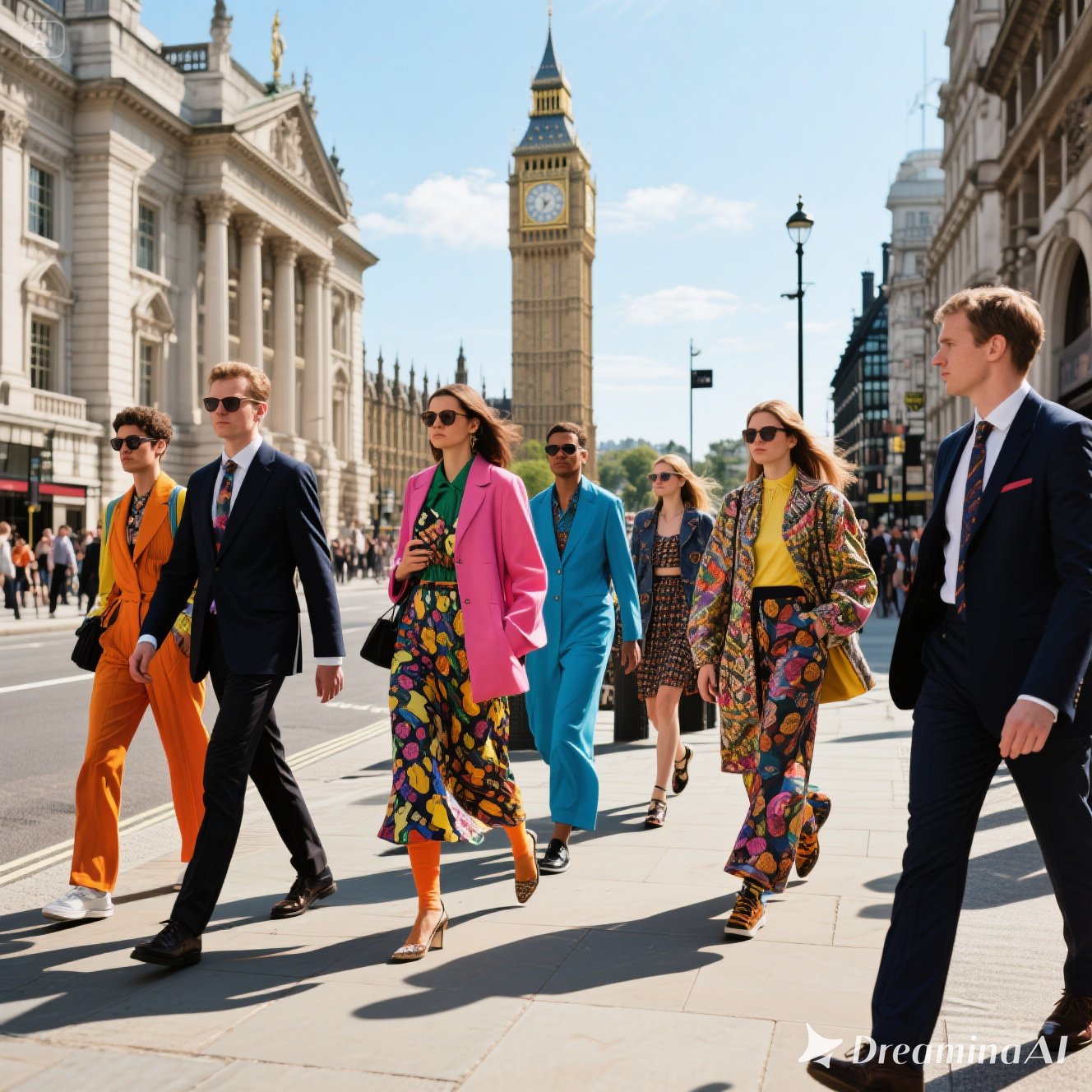 Flat-style digital illustration menampilkan empat orang dengan outfit street style khas London: trench coat, plaid coat, oversized sweater, dan boots, berjalan di jalanan London dengan latar Big Ben.