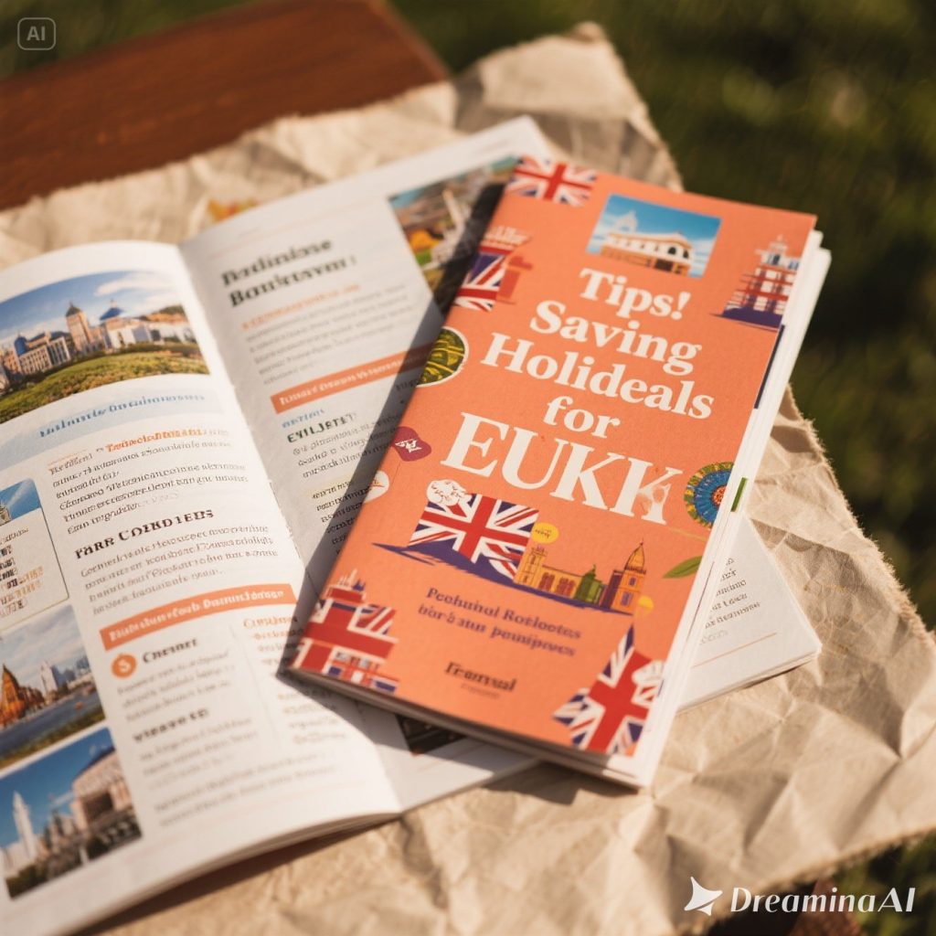 Flat-style digital illustration of a cheerful backpacker tourist standing in front of London landmarks like Big Ben, Tower Bridge, and a red double-decker bus, symbolizing budget-friendly travel to England.