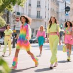 Ilustrasi fashion musim semi 2025 menampilkan model pria dan wanita dengan outfit pastel-neon, motif floral futuristik, dan denim berkelanjutan dengan latar bunga musim semi.