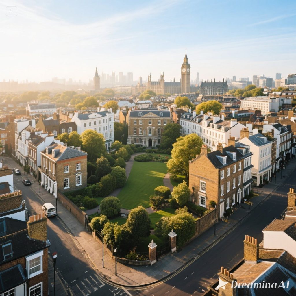 Ilustrasi 7 hidden gems di London, menampilkan Little Venice, Leadenhall Market, Daunt Books, dan Kyoto Garden dalam gaya flat modern.