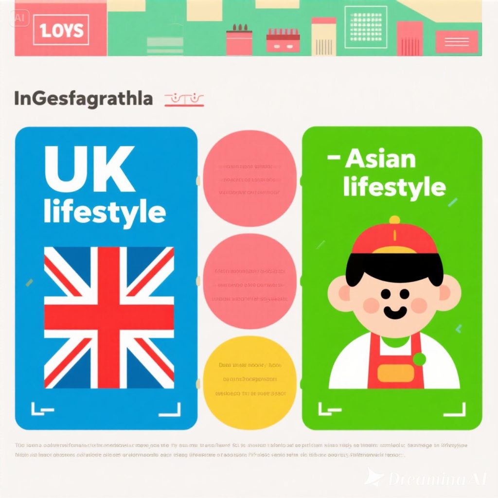 Ilustrasi pasar thrift store dan outlet di London dengan ikon pakaian, tas belanja, dan papan diskon besar.