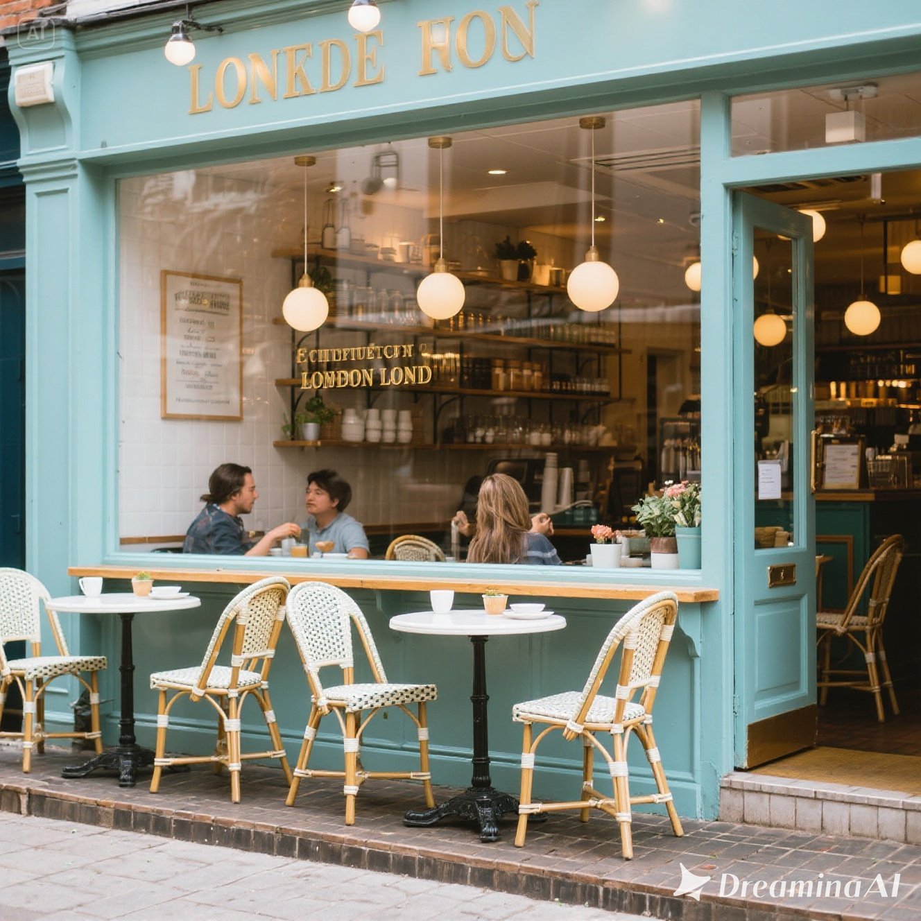 Ilustrasi cafe instagramable di London dengan dekorasi bunga, interior pink, dan suasana stylish untuk nongkrong.