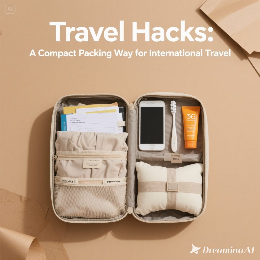 Ilustrasi packing ringkas untuk perjalanan internasional dengan koper, packing cubes, dan barang esensial.