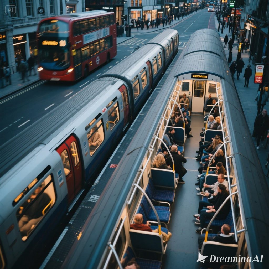 Ilustrasi perbandingan transportasi publik London: metro (tube) dan bus tingkat merah ikonik.