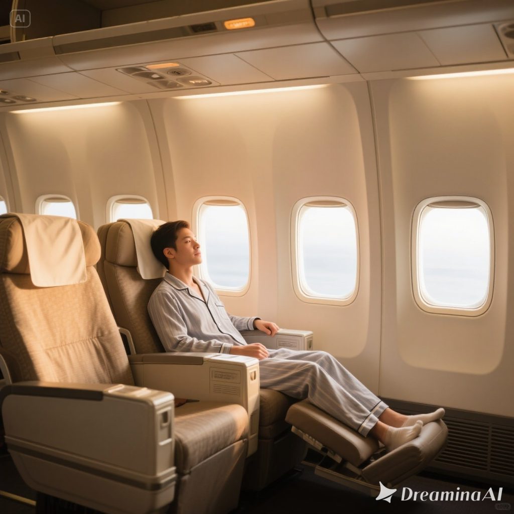 Seorang traveler dengan outfit nyaman di bandara siap untuk long flight internasional.