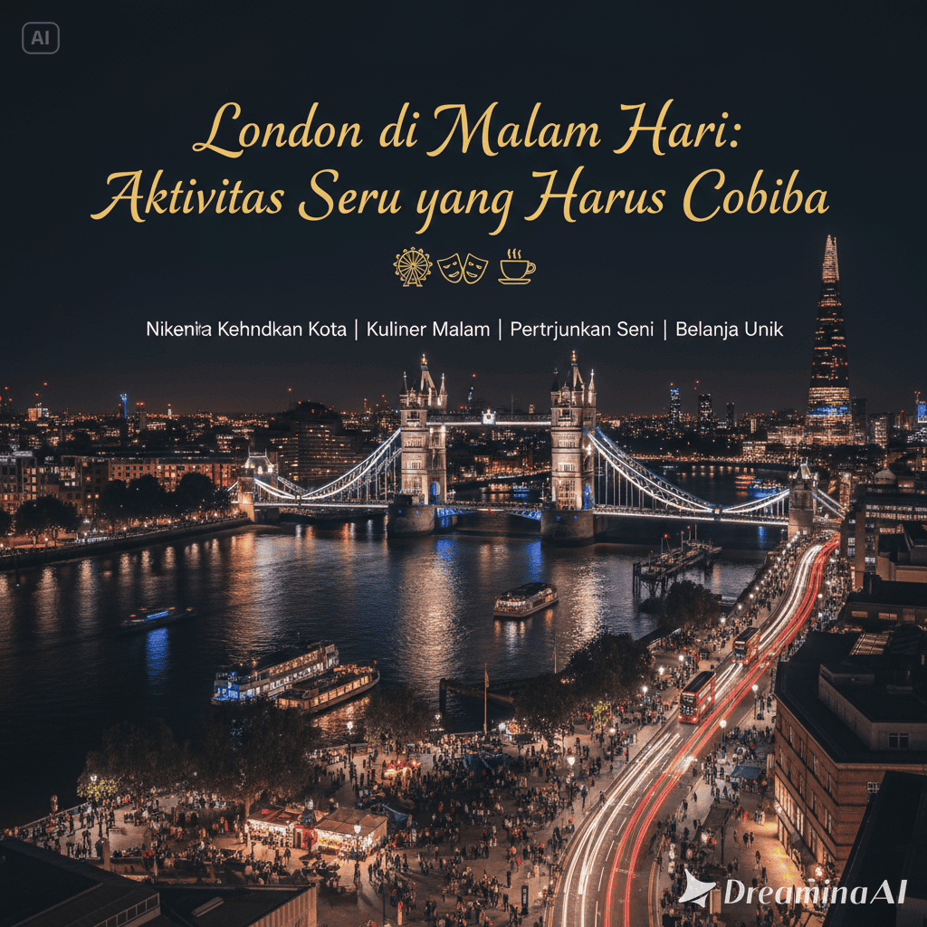 Kolase pemandangan London di malam hari, London Eye, Tower Bridge, dan suasana pub di Soho.