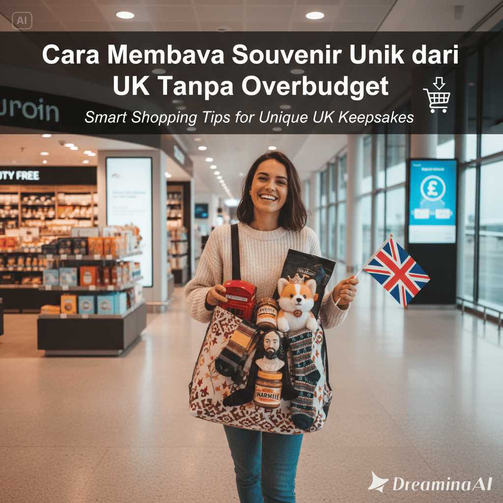 Kolase souvenir khas UK seperti teh, cokelat, merchandise sepak bola, dan magnet London.