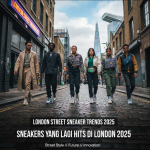 Seorang pria muda berdiri di jalanan London menampilkan sneakers putih dengan aksen warna cerah, gedung kota di belakangnya.