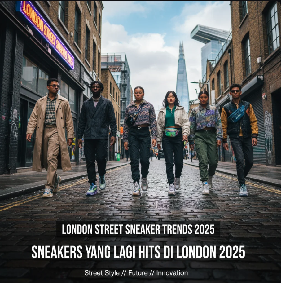 Seorang pria muda berdiri di jalanan London menampilkan sneakers putih dengan aksen warna cerah, gedung kota di belakangnya.