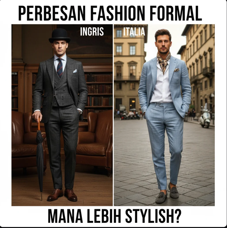 Dua pria elegan, satu mengenakan jas Inggris klasik berwarna abu-abu, satu lagi bergaya Italia dengan jas biru terang dan dasi cerah.