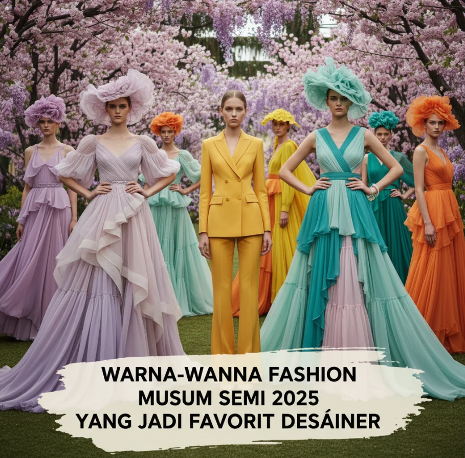Palet warna fashion musim semi 2025 menampilkan nuansa Peach Fuzz, Celestial Blue, dan Pistachio Green dalam tampilan kain elegan.