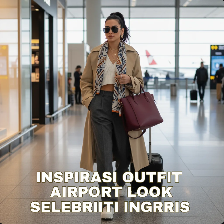 Selebriti Inggris berjalan di bandara dengan outfit stylish dan koper di tangan.