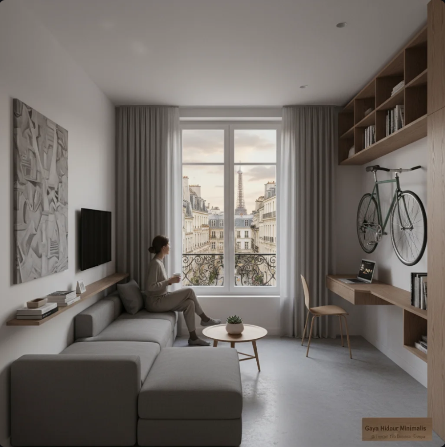 Interior apartemen minimalis bergaya Eropa dengan perabot kayu sederhana dan cahaya alami.