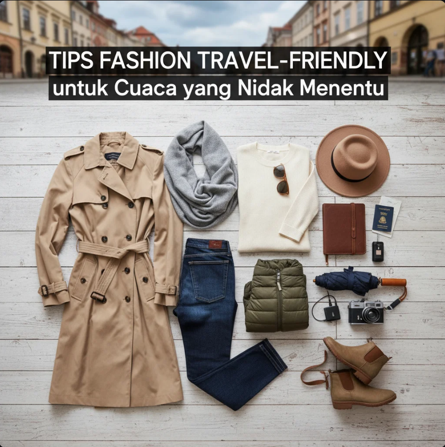 Traveler wanita mengenakan jaket ringan dan scarf besar di tengah suasana kota dengan cuaca mendung dan matahari bergantian.