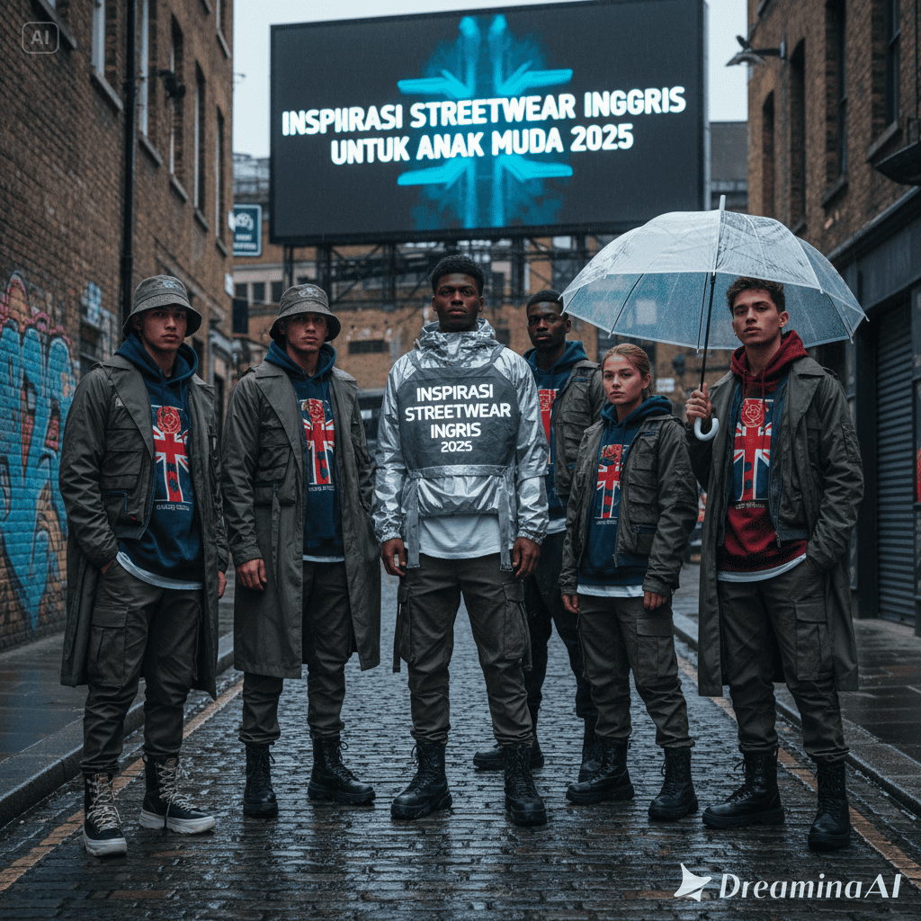 Ilustrasi anak muda bergaya streetwear Inggris modern dengan hoodie, trench coat, dan sneaker hypebeast.
