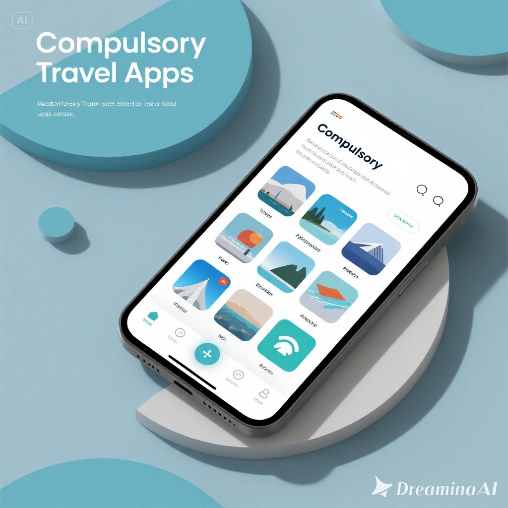 Ilustrasi smartphone dengan ikon travel apps populer untuk perjalanan internasional.