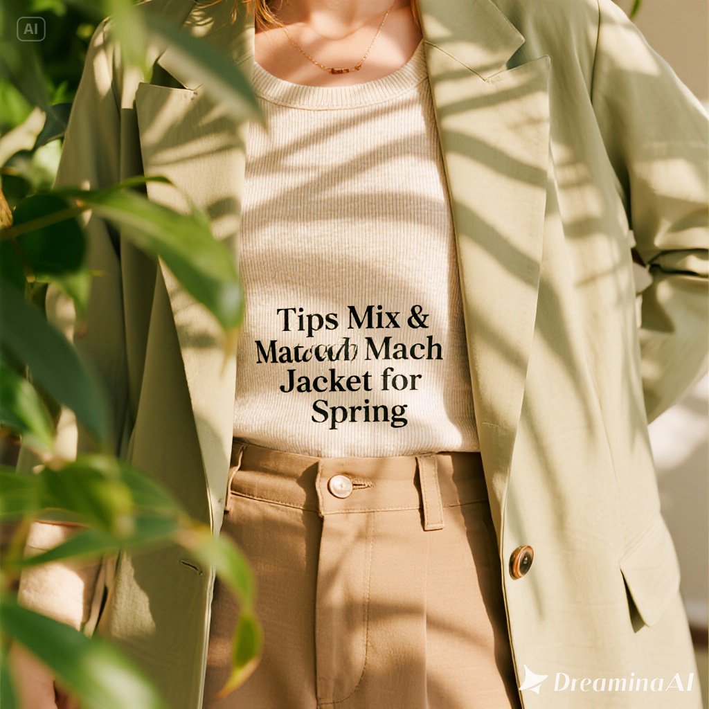 Ilustrasi flat-style mix & match jaket musim semi dengan denim, bomber, trench coat, dan leather jacket.