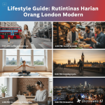 Ilustrasi orang London modern beraktivitas: commuting dengan Tube, ngopi, bekerja di coworking space, dan bersosialisasi di pub.