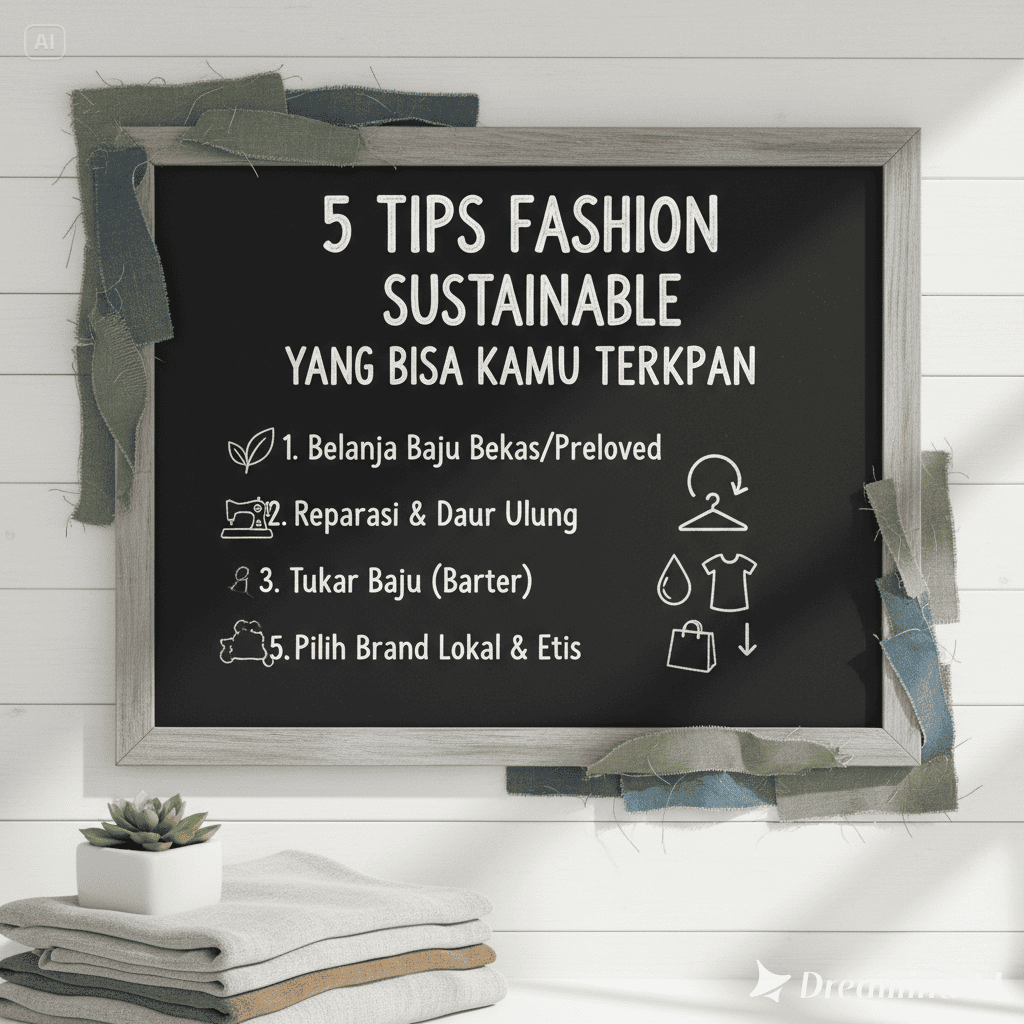 Ilustrasi fashion sustainable dengan pakaian ramah lingkungan, thrift shop, dan simbol daur ulang.
