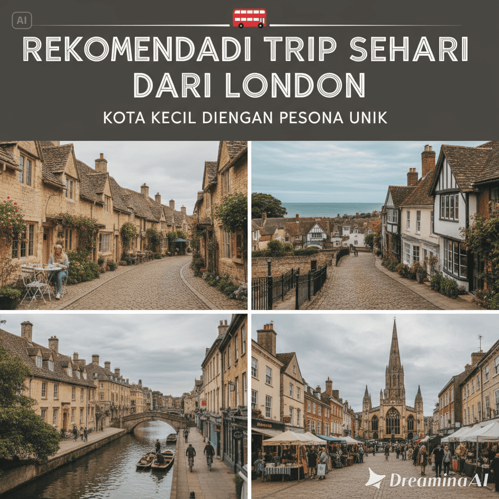 Pemandangan kota kecil indah dekat London, dengan kastil dan jalan berbatu.