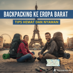 Ilustrasi backpacker menjelajahi kota-kota Eropa Barat dengan ransel dan pemandangan ikonik.