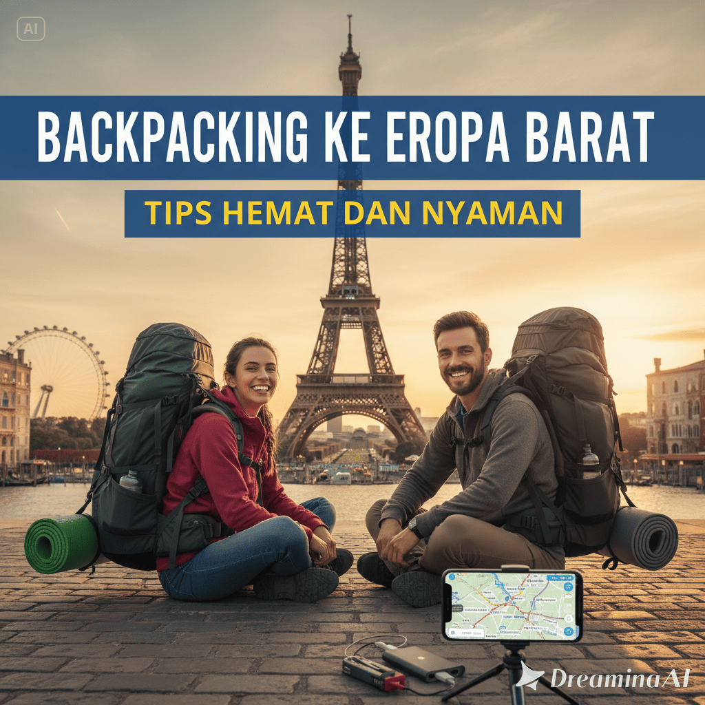 Ilustrasi backpacker menjelajahi kota-kota Eropa Barat dengan ransel dan pemandangan ikonik.