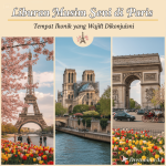 Ilustrasi liburan musim semi di Paris, menampilkan Menara Eiffel, taman bunga, dan sungai Seine dengan suasana romantis.