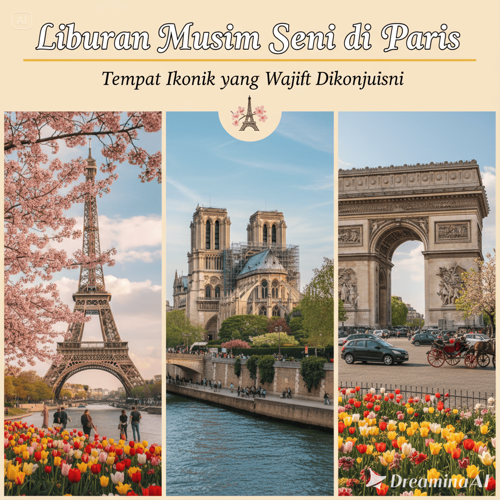 Ilustrasi liburan musim semi di Paris, menampilkan Menara Eiffel, taman bunga, dan sungai Seine dengan suasana romantis.