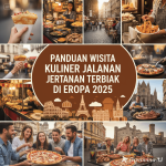 Ilustrasi street food Eropa 2025 dengan berbagai makanan khas seperti crêpes, currywurst, dan pizza al taglio.