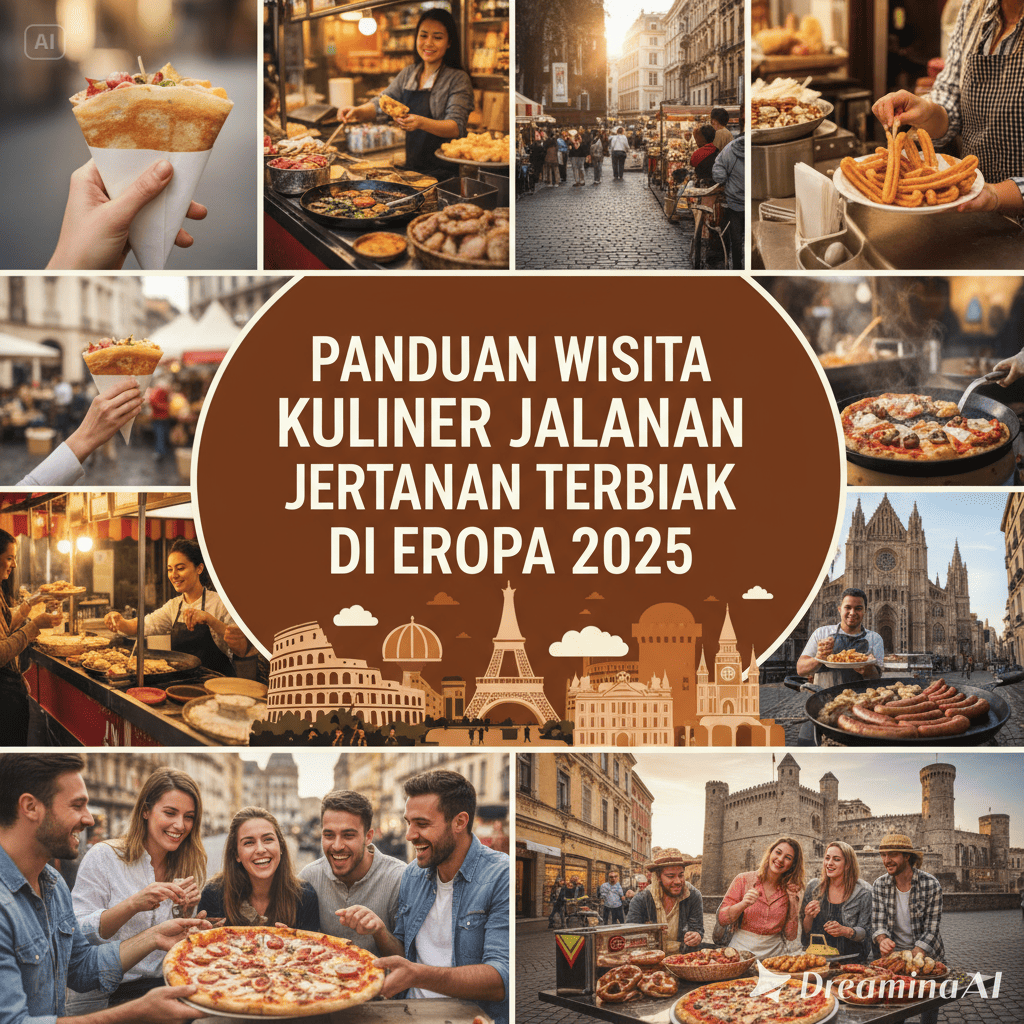 Ilustrasi street food Eropa 2025 dengan berbagai makanan khas seperti crêpes, currywurst, dan pizza al taglio.