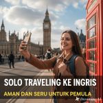 Ilustrasi solo traveler menjelajahi landmark Inggris seperti Big Ben dan London Eye.