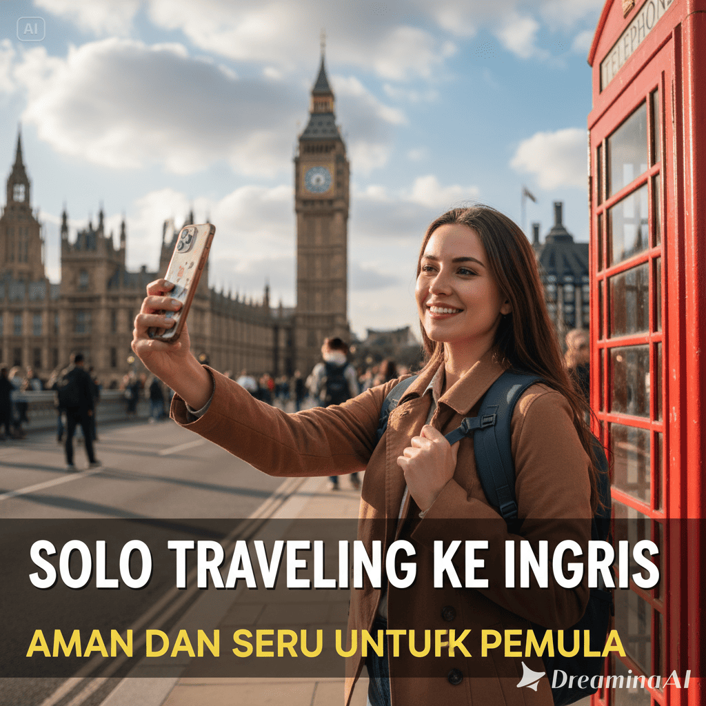 Ilustrasi solo traveler menjelajahi landmark Inggris seperti Big Ben dan London Eye.