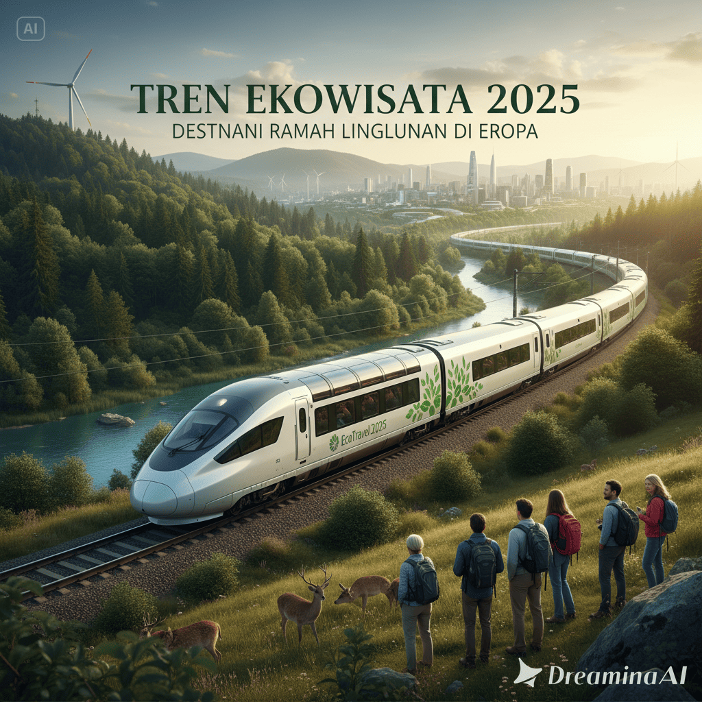 Ilustrasi ekowisata Eropa dengan pegunungan, hutan, dan wisatawan bersepeda ramah lingkungan.