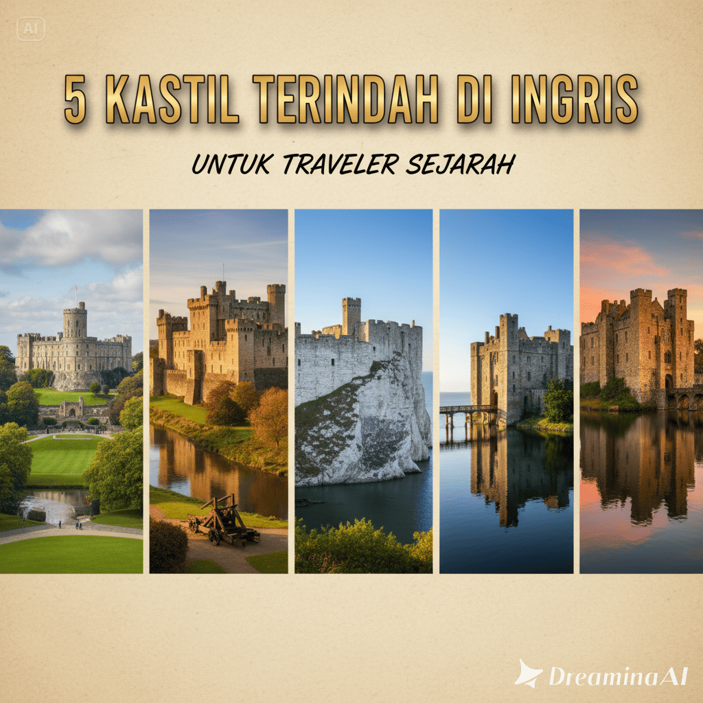 Ilustrasi pemandangan kastil megah di Inggris dengan latar langit senja dan taman hijau.