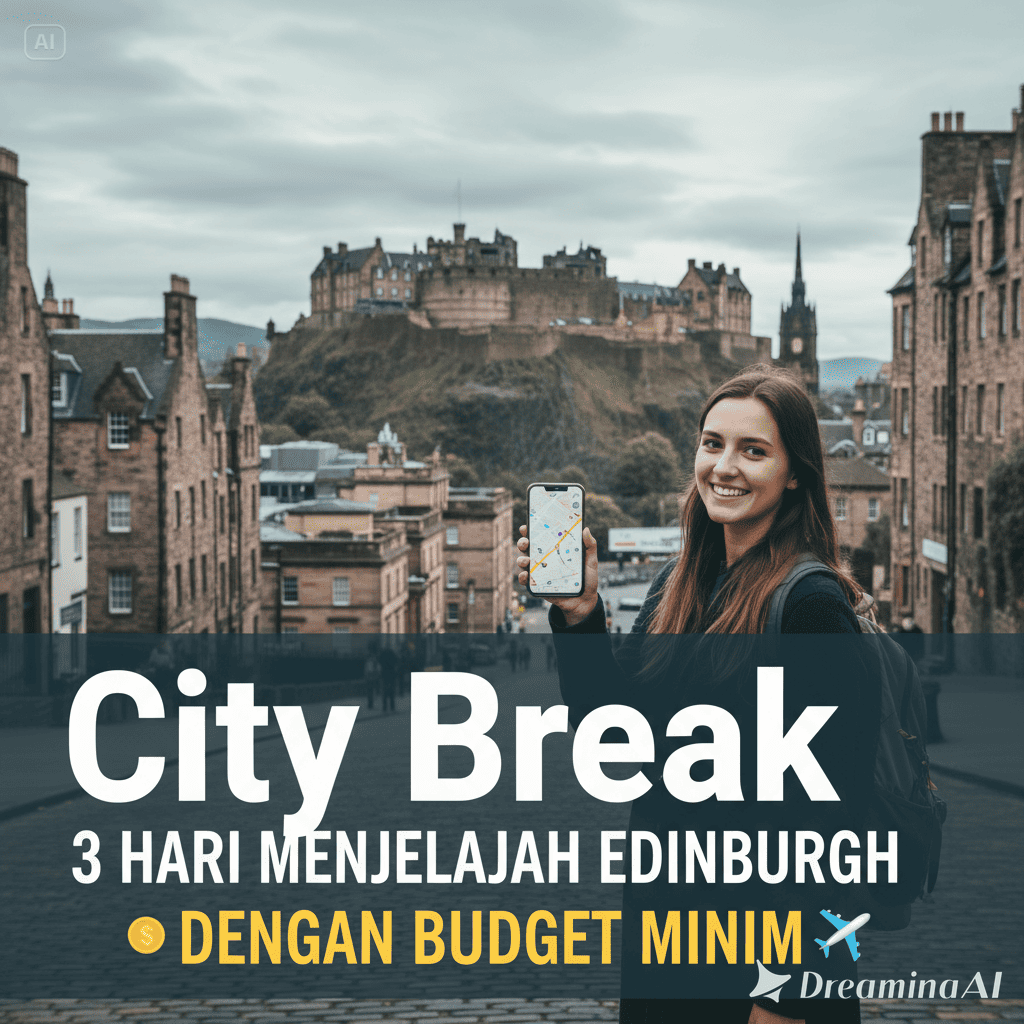 Ilustrasi traveler menjelajahi Edinburgh dengan pemandangan kastil dan kota tua di latar belakang.