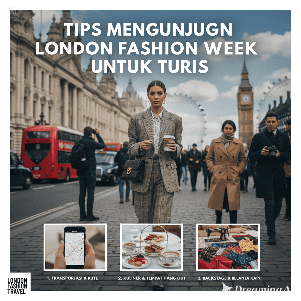 Turis berpose di depan venue London Fashion Week dengan latar gedung ikonik dan fotografer street style.