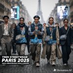 Ilustrasi model mengenakan streetwear Paris 2025 di jalan kota dengan nuansa urban futuristik dan warna netral elegan.
