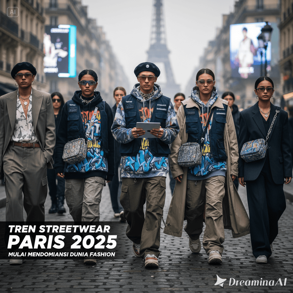 Ilustrasi model mengenakan streetwear Paris 2025 di jalan kota dengan nuansa urban futuristik dan warna netral elegan.