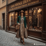 Ilustrasi wanita bergaya vintage Eropa mengenakan pakaian secondhand elegan di jalanan kota klasik.