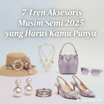Ilustrasi flat-lay aksesoris musim semi seperti tas pastel, anting besar, dan kacamata retro di atas kain berwarna lembut.