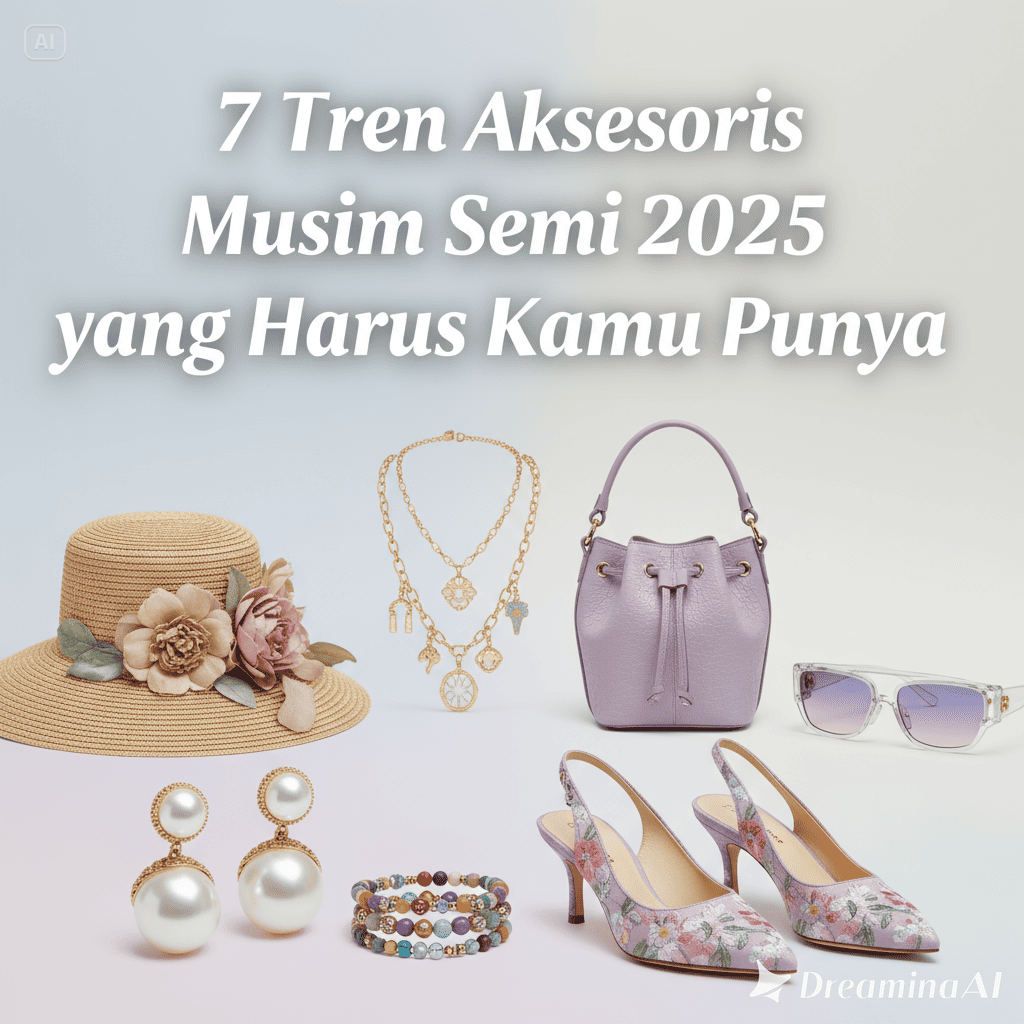 Ilustrasi flat-lay aksesoris musim semi seperti tas pastel, anting besar, dan kacamata retro di atas kain berwarna lembut.
