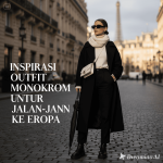 Ilustrasi wanita berpakaian monokrom berjalan di jalanan kota Eropa dengan latar bangunan klasik.