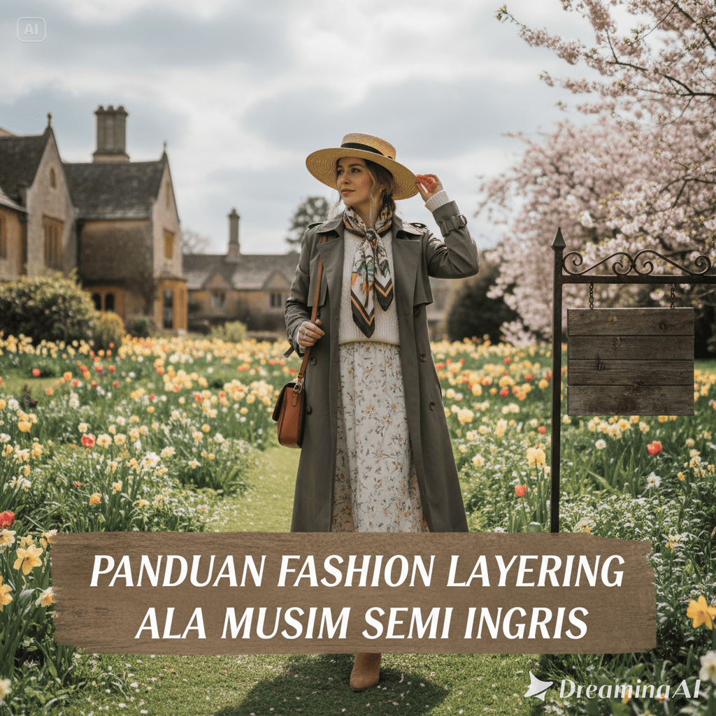 Ilustrasi wanita mengenakan trench coat dan scarf ringan di jalanan London saat musim semi dengan bunga mekar.