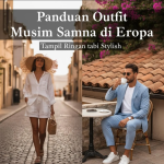 Traveler mengenakan outfit musim panas stylish di kota Eropa dengan topi dan kacamata hitam.