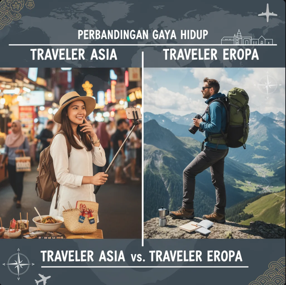 Dua traveler dari Asia dan Eropa berdiri di peta dunia, menggambarkan perbedaan gaya perjalanan mereka.
