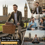 Profesional muda berjalan di tepi Sungai Thames London sambil menikmati kopi setelah bekerja dengan suasana santai.