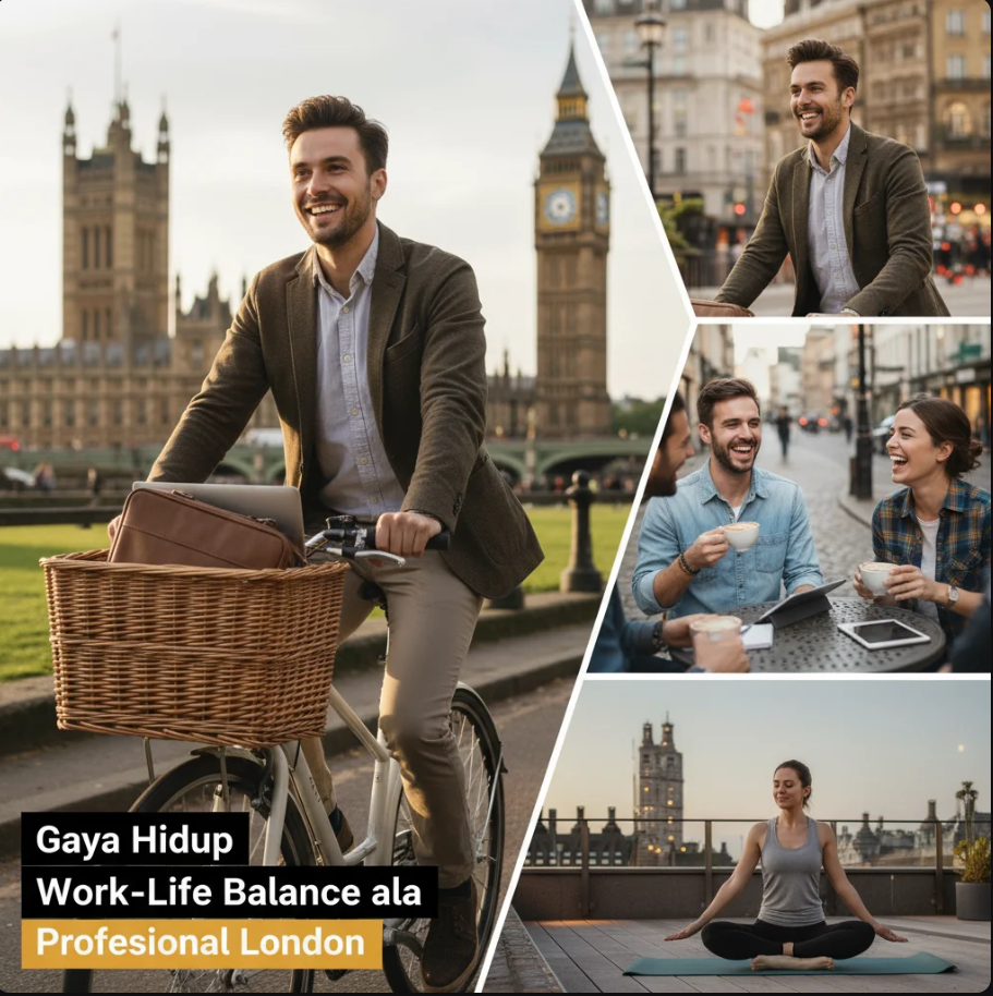 Profesional muda berjalan di tepi Sungai Thames London sambil menikmati kopi setelah bekerja dengan suasana santai.