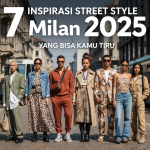 Seorang fashionista mengenakan outfit street style stylish di jalanan Milan dengan paduan warna dan aksesori modern.